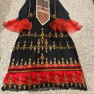 Black and Red Embroidered Dress with Gold Accents